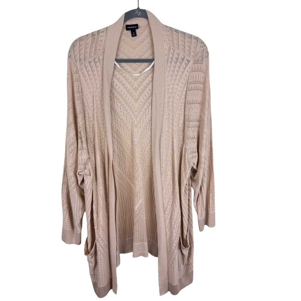 Torrid Womens Plus Size 4X Beige Pointelle Chevron Open Front Pockets Cardigan